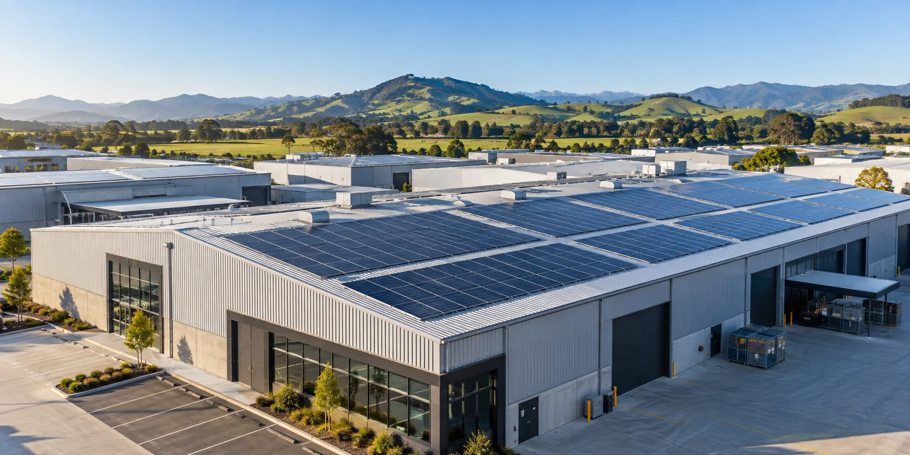 Illustrative commercial building with a rooftop solar installation